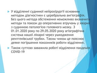  У відділенні судинної нейрохірургії основним
методом діагностики є церебральна ангіографія.
Без цього метода обстеження неможливо визначити
методи та покази до оперативних втручань у хворих
з судинною патологією головного мозку. З
01.01.2020 року по 29.05.2020 року агіографічна
система нашої лікарні через ушкодження
рентгенівської трубки. Таким чином це пояснює
деяке погіршення показників роботи відділення.
 Також суттєво заважила роботі відділення пандемія
COVID-19
 