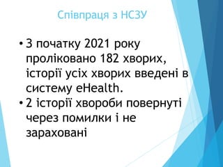 Співпраця з НСЗУ
• З початку 2021 року
проліковано 182 хворих,
історії усіх хворих введені в
систему eHealth.
• 2 історії хвороби повернуті
через помилки і не
зараховані
 