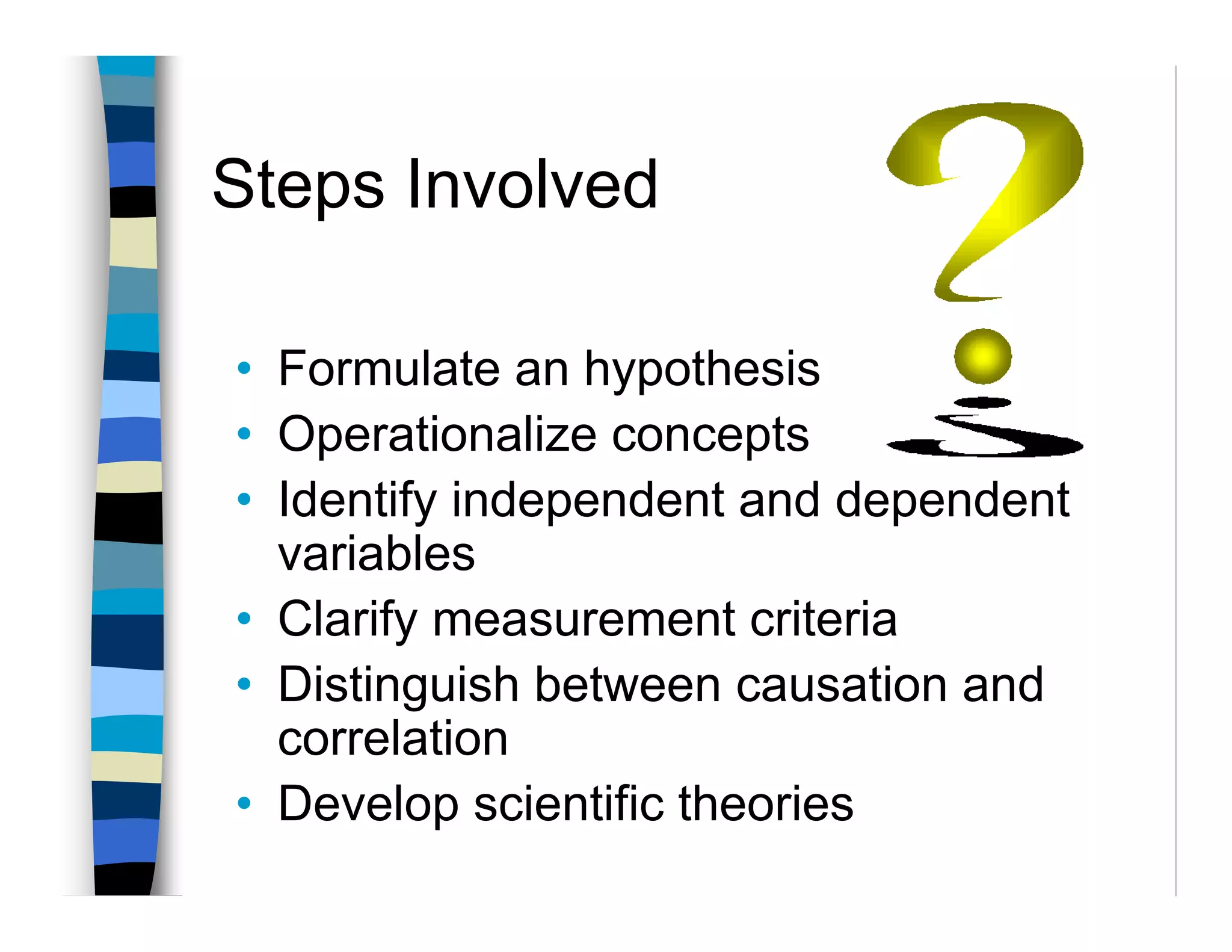 Steps Involved

• Formulate an hypothesis
• Operationalize concepts
• Identify independent and dependent
  variables
• Clarify measurement criteria
• Distinguish between causation and
  correlation
• Develop scientific theories
 