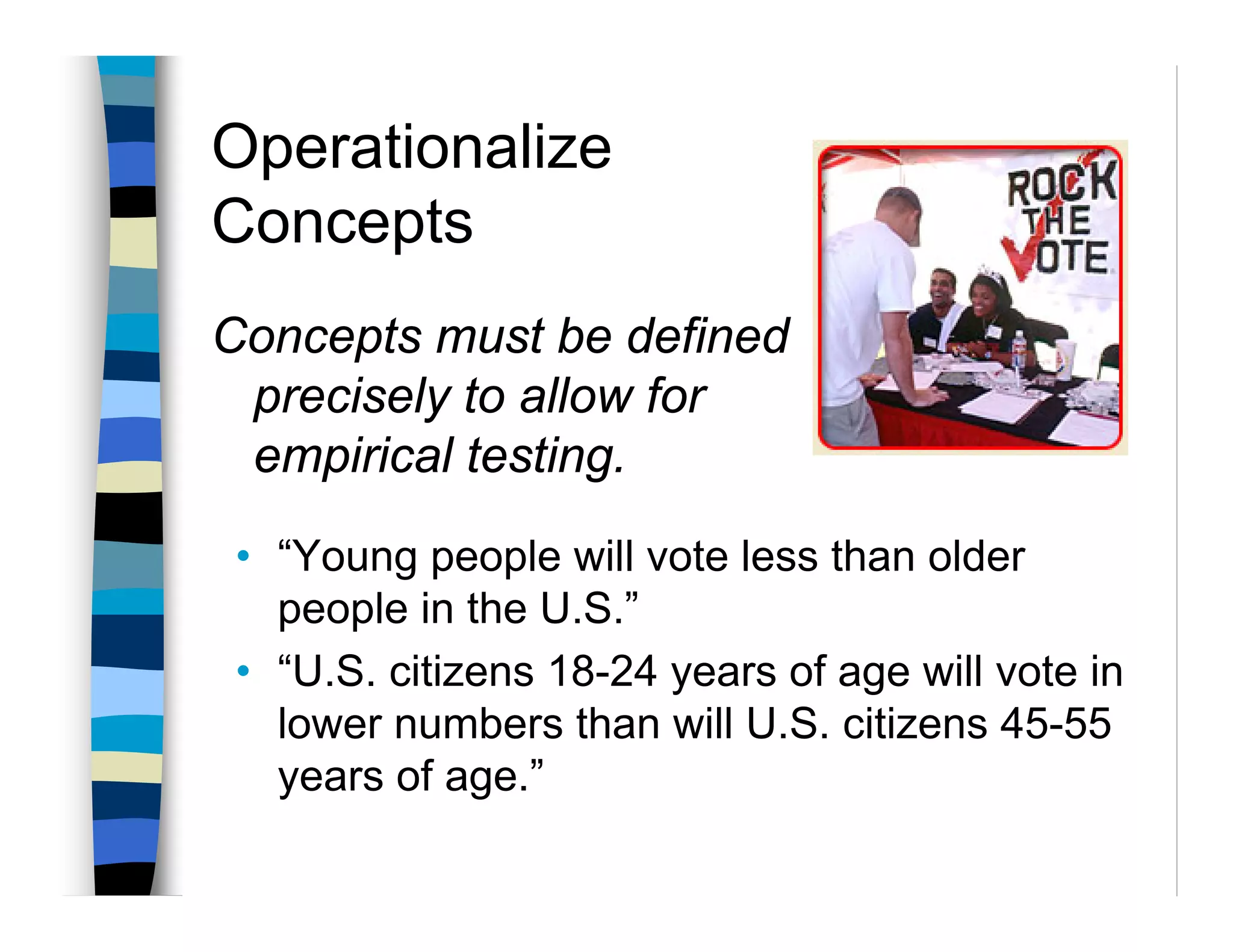 Operationalize
Concepts
Concepts must be defined
 precisely to allow for
 empirical testing.
 • “Young people will vote less than older
   people in the U.S.”
 • “U.S. citizens 18-24 years of age will vote in
   lower numbers than will U.S. citizens 45-55
   years of age.”
 