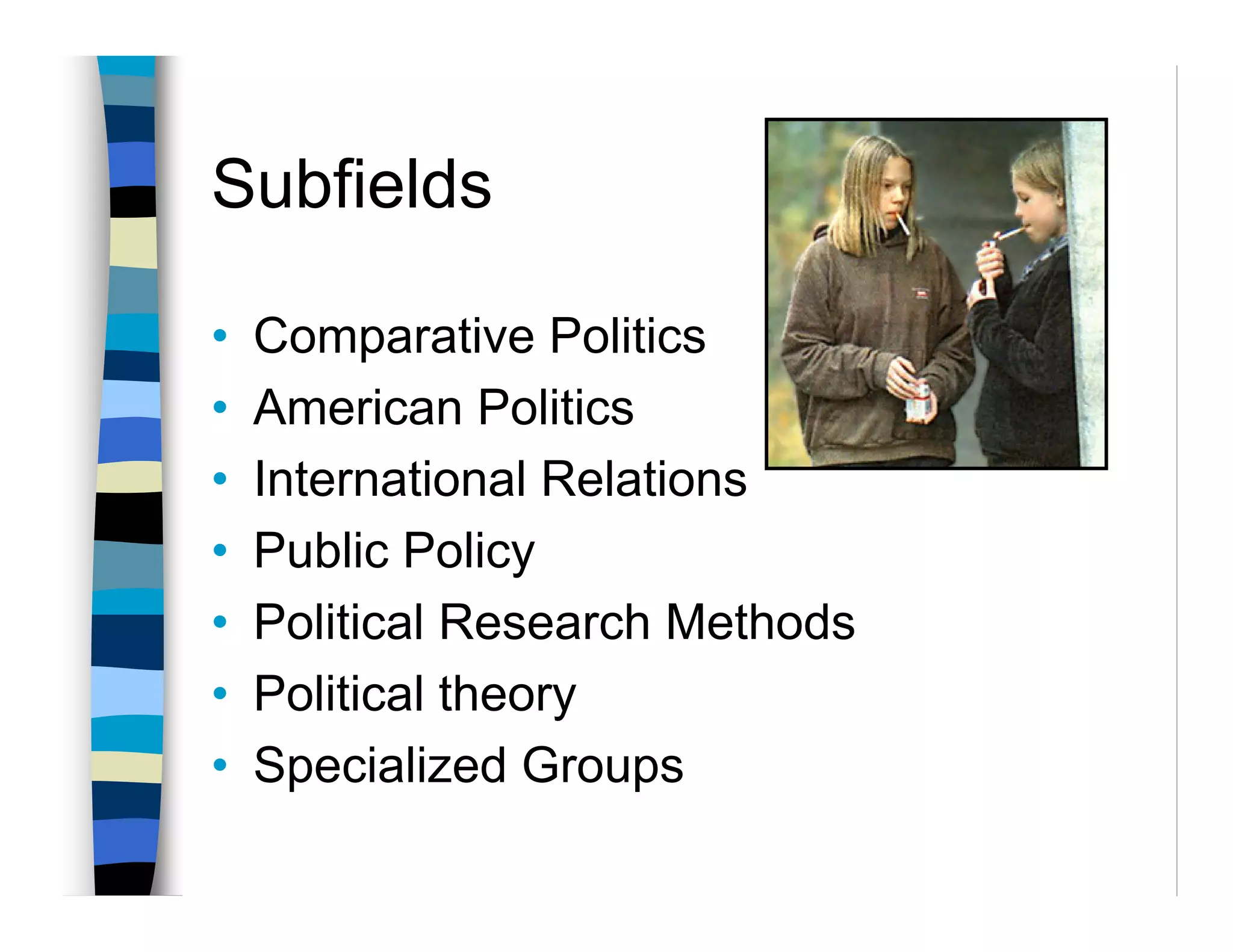 Subfields

•   Comparative Politics
•   American Politics
•   International Relations
•   Public Policy
•   Political Research Methods
•   Political theory
•   Specialized Groups
 