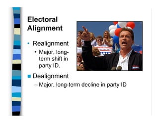 Electoral
Alignment

• Realignment
  • Major, long-
    term shift in
    party ID.
 Dealignment
  – Major, long-term decline in party ID
 