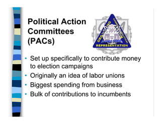 Political Action
 Committees
 (PACs)

• Set up specifically to contribute money
  to election campaigns
• Originally an idea of labor unions
• Biggest spending from business
• Bulk of contributions to incumbents
 