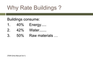 Why Rate Buildings ?
Buildings consume:
1.    40% Energy.....
2.    42% Water.......
3.    50% Raw materials …




(TERI Griha Manual Vol.1)
 