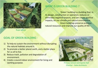 WHAT IS GREEN BUILDING ?
‘Green’ building is a building that, in
its design, construction or operation, reduces or
eliminates negative impacts, and can create positive
impacts, on our climate and natural environment.
Green buildings preserve precious
natural resources and improve our quality of life.
GOAL OF GREEN BUILDING -
1) To help to sustain the environment without disrupting
the natural habitats around it.
2) To promote a better planet earth, and a better place
for us all to live.
3) Reduce trash, pollution and degradation of
environment.
4) Create a sound indoor environment for living and
working purpose. Primary School and Sports Hall
Chartier - Dalix Architects
Rupe House
 