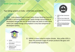 WHY CHOOSE GRIHA ?
Two rating systems in India : LEED India and GRIHA
1) LEED - India adapted from United States Green Building Council’s
(USGBC) is primarily based on per capita energy consumption in
developed nations like the US which does not work in India since
India’s per capita energy consumption is very low compared to
developed nations.
2) GRIHA is more suited to Indian climate. Also unlike LEED, it
does not promote usage of certain products like glass and
air-conditioning equipment.
 