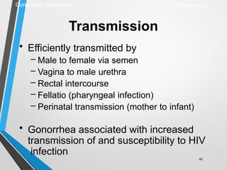Gonorrhea Curriculum
40
Transmission
• Efficiently transmitted by
– Male to female via semen
– Vagina to male urethra
– Rectal intercourse
– Fellatio (pharyngeal infection)
– Perinatal transmission (mother to infant)
• Gonorrhea associated with increased
transmission of and susceptibility to HIV
infection
Epidemiology
 