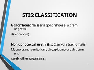 6
STIS:CLASSIFICATION
Gonorrhoea: Neisseria gonorrhoeae( a gram
negative
diplococcus)
Non-gonococcal urethritis: Clamydia trachomatis,
Mycoplasma genitalium, Ureaplasma urealyticum
and
rarely other organisms.
 