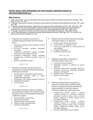 TESTE GRILĂ RECUPERAREA ÎN AFECŢIUNILE NEUROLOGICE ŞI
NEUROCHIRURGICALE
BIBLIOGRAFIE:
1. Adriana Sarah Nica, Compendiu de Medicină fizică şi Recuperare, Editura Universitară „Carol Davila”, Bucureşti, 1998,
pagini 141-153, 159 - 186
2. T. Sbenghe, Recuperarea medicală a sechelelor posttraumatice ale membrelor, Editura Medicală, Bucureşti, 1981; pagini
230 - 245
3. T. Sbenghe, Kinetologie profilactică, terapeutică şi de recuperare, Editura Medicală, Bucureşti, 1987; pagini 554 - 608
4. *** Caiet documentar, Ministerul Sănătăţii, Institutul de Medicină fizică, balneoclimatologie şi recuperare medicală,
Kinetoterapia în recuperare afecţiunilor aparatului locomotor, Editura Medicală, Bucureşti, 1981, pagini 25-36
5. T. Sbenghe, Recuperarea medicală la domiciliul bolnavului, Editura Medicală, Bucureşti, 1996, pagini 130-183
6. I. Kiss, Fiziokinetoterapia şi recuperarea medicală, Editura Medicală, Bucureşti, 1999, pagini 106 - 120, 188-195, 201206, 224-240, 244-249, 260-269, 270 - 284

1.

Programele de recuperare la pacientul cu
suferinţă neurologică trebuie instituite precoce
pentru:
a.
b.
c.
d.
e.

Menţinerea statusului clinico-funcţional existent
al pacientului
Prevenirea dezvoltării sechelelor funcţionale
neurologice
Combaterea modificărilor somatice secundaredeformări, deviaţii, redoare articulară
Combaterea modificărilor somatice secundaredegenerescenţe şi fibroză musculară, escare de
decubit
Refacerea mobilităţii articulare

4.

a.
b.
c.
d.
e.

5.

c.
d.
e.

Electroterapie şi termoterapie (terapie fizicală)
Kinetoterapie specifică, masaj şi terapie
ocupaţională (ergoterapie)
Psihoterapie şi alte categorii terapeutice (ortezare)
Modalităţile chirurgicale
Farmacoterapie
Corect: a, b, c

3.

În patologia neurologică, alegerea şi adaptare
unui program de recuperare la un pacient spastic
presupune evaluarea spasticităţii prin analizarea
următoarelor aspecte:
a.
b.
c.
d.
e.

Datele biografice ale pacientului
Capacitatea funcţională
Dinamica funcţiei cardiovasculare
Dinamica testelor neuropsihologice
Stimularea deaferentaţiei
Corect: b, d, e

Modularea spasticităţii şi stimularea sa
controlată se poate realiza prin:
a.
b.

Metodele şi mijloacele specifice folosite în
programul de recuperare performat la pacientul
neurologic fac parte din:
a.
b.

Analitic, pentru fiecare grup muscular
În conformitate cu cotaţia de la 1 la 5
Grosier, prin capacitatea de a realiza gesturi din
viaţa cotidiană
Pe ambele hemicorpuri
În diferite momente ale zilei
Corect: a, b, d, e

Corect: b, c, d

2.

Bilanţul muscular (testarea musculară manuală)
la pacientul spastic nu se apreciază:

c.
d.
e.

Controlul la stimuli nociceptivi
Schimbările posturale şi utilizarea de posturi
inhibitorii
Stretching-ul lent pentru musculatura spastică şi
stimularea vibratorie pe tendoanelor muşchilor
antagonişti celor spastici
Stimularea electrică funcţională
Mişcări rezistive, rapide
Corect: a, b, c, d

6.

Obiectivele programului de recuperare la
pacientul cu hernie de disc lombară operată
comune cu programele kinetico-educaţionale
pentru persoanele cu afectarea coloanei
vertebrale lombare sunt reprezentate prin:
a.

b.

c.

Conştientizarea poziţiei corecte a coloanei
vertebrale lombare şi a bazinului, menţinerea
permanentă a posturii corijate, neutre a coloanei
lombare, indiferent de poziţia corpului sau de
activităţile desfăşurate
Conştientizarea poziţiei corecte a coloanei
vertebrale lombare şi a bazinului, menţinerea
intermitentă a posturii corijate, neutre a coloanei
lombare, indiferent de poziţia corpului sau de
activităţile desfăşurate
Zăvorârea (înlăcătarea) coloanei lombare

 