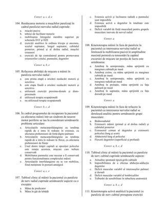 Corect: a, c, d, e

104. Reeducarea motorie a muşchilor paralizaţi în
cadrul paraliziei nervului radial cuprinde:
a.
b.
c.
d.

e.

mişcări pasive
tehnici de facilitare motorie
mobilizarea întregului membru superior pe
schemele D1F şi D2E
exerciţii analitice în ordinea triceps şi anconeu,
scurtul supinator, lungul supinator, cubitalul
posterior, primul şi al doilea radial, muşchii
extensori
exerciţii de tip contralateral pentru promovarea
extensorilor cotului, pumnului, degetelor
Corect: a, b, e

105. Refacerea abilităţii de mişcare a mâinii în
paralizia nervului radial :
a.
b.
c.
d.
e.

este prima etapă a oricărei reeducări motorii şi
senzitive
este etapa finală a oricărei reeducări motorii şi
senzitive
utilizează exerciţii proximo-distale şi distoproximale
utilizează terapia ocupaţională
nu utilizează terapia ocupaţională
Corect: b, c, d

106. În cadrul programului de recuperare la pacientul
cu afectarea mâinii într-un sindrom de neuron
motor periferic se iau în considerare următoarele
probleme articulare:
a.
b.
c.
d.
e.

Articulaţiile metacarpofalangiene au tendinţa
rapidă de a intra în redoare în extensie, cu
afectarea prehensiunii de forţă digito-palmare
Articulaţiile metacarpofalangiene au tendinţa
rapidă de a intra în redoare în flexie, cu afectarea
prehensiunii de fineţe
Unul dintre timpii capitali ai opoziţiei policelui
este rotaţia acestuia, mişcare care trebuie
conservată
Mobilitatea pumnului este necesar a fi conservată
pentru funcţionalitatea complexului mâinii
Articulaţiile interfalangiene nu se vor mobiliza,
fiind menţinute în postură antalgică
Corect: a, c, e

107. Tabloul clinic al mâinii la pacientul cu paralizie
de nerv radial cuprinde următoarele aspecte cu o
excepţie:
a.
b.

Mâna de predicator
Mâna în gât de lebădă

c.
d.
e.

Extensia activă şi înclinarea radială a pumnului
sunt imposibile
Extensia activă a degetelor în totalitate este
imposibilă
Deficit variabil de forţă musculară pentru grupele
musculare inervate de nervul radial
Corect: a

108. Kinetoterapia mâinii în faza de paralizie la
pacientul cu interesarea nervului radial se
limitează la mobilizarea pasivă în amplitudine
maximă permisă cu tensionări la capătul
excursiei de mişcare iar poziţia de lucru este
următoarea:
a.
b.
c.
d.
e.

Antebraţ în semipronaţie, mâna sprijinită cu
marginea cubitală pe masă
Antebraţ extins, cu mâna sprijinită cu marginea
cubitală pe masă
Antebraţ în semipronaţie, mâna sprijinită cu
marginea radială pe masă
Antebraţ în pronaţie, mâna sprijinită cu faţa
palmară pe masă
Antebraţ în supinaţie, mâna sprijinită cu faţa
dorsală pe masă
Corect: a

109. Kinetoterapia mâinii în faza de refacere la
pacientul cu interesarea nervului radial se
derulează analitic pentru următoarele grupe
musculare:
a.
b.
c.
d.
e.

Brahioradialul
Extensorii mâinii (primul şi al doilea radial) şi
cubitalul posterior
Extensorul comun al degetelor şi extensorii
policelui (lung şi scurt)
Abductorul lung al policelui
Flexorii degetelor (superficial şi profund)
Corect: a, b, c, d

110. Tabloul clinic al mâinii la pacientul cu paralizie
de nerv cubital cuprinde următoarele aspecte:
a.
b.
c.
d.
e.

Atitudine spontană tipică-grifa cubitală
Imposibilitatea de a efectua abducţia-adducţia
degetelor
Deficit muscular variabil al interosoşilor palmari
şi dorsali
Deficit muscular variabil al lombricalilor
Tulburări de sensibilitate în tabachera anatomică
Corect: a, b, c, d

111. Kinetoterapia activă analitică la pacientul cu
paralizie de nerv cubital presupune exerciţii

 