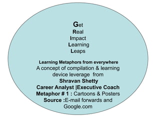 Get Real Impact  Learning Leaps Learning Metaphors from everywhere A concept of compilation & learning device leverage  from ShravanShetty Career Analyst |Executive Coach Metaphor # 1 : Cartoons & Posters Source :E-mail forwards and  Google.com 