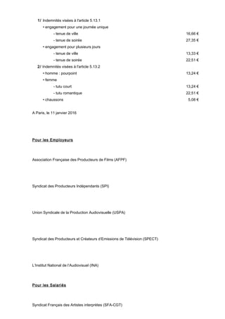 1/ Indemnités visées à l'article 5.13.1
• engagement pour une journée unique
- tenue de ville 16,66 €
- tenue de soirée 27,35 €
• engagement pour plusieurs jours
- tenue de ville 13,33 €
- tenue de soirée 22,51 €
2/ Indemnités visées à l'article 5.13.2
• homme : pourpoint 13,24 €
• femme
- tutu court 13,24 €
- tutu romantique 22,51 €
• chaussons 5,08 €
A Paris, le 11 janvier 2016
Pour les Employeurs
Association Française des Producteurs de Films (AFPF)
Syndicat des Producteurs Indépendants (SPI)
Union Syndicale de la Production Audiovisuelle (USPA)
Syndicat des Producteurs et Créateurs d’Emissions de Télévision (SPECT)
L’Institut National de l’Audiovisuel (INA)
Pour les Salariés
Syndicat Français des Artistes interprètes (SFA-CGT)
 