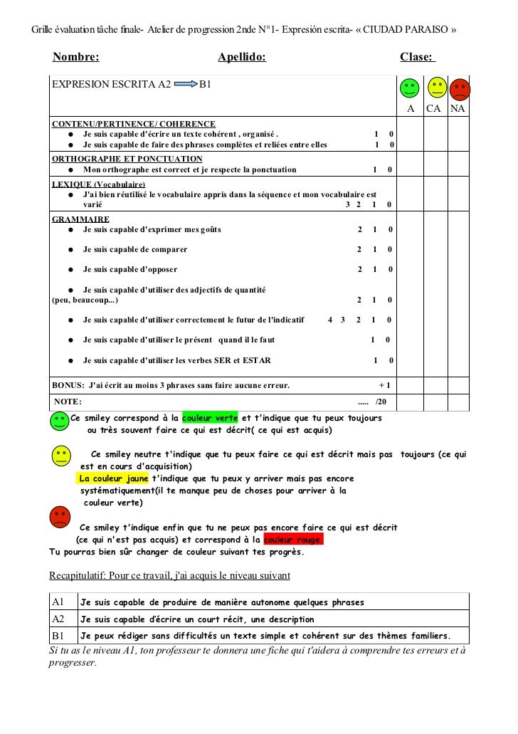 Grille élèves evaluation finale ciudad paraiso a2 vers b1 laurence