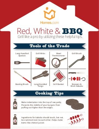 Red, White & BBQGrill like a pro by utilizing these helpful tips.
Long-Handled
Spatula
Grill Mitts Meat
Thermometer
Grill Brush
Basting Brush Long-Handled
Tongs
Grill Basket Skewers &
Shish Kebabs
Tools of the Trade
Cooking Tips
Source:CookingLight
1
Make indentation into the top of raw patty.
Prevents the middle of your burgers from
puﬃng out higher than the edges.
2
Ingredients for kabobs should touch, but not
be crammed next to each other. Helps make
items like chicken juicier.
 