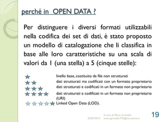 Per distinguere i diversi formati utilizzabili
nella codifica dei set di dati, è stato proposto
un modello di catalogazione che li classifica in
base alle loro caratteristiche su una scala di
valori da 1 (una stella) a 5 (cinque stelle):
livello base, costituito da file non strutturati
dati strutturati ma codificati con un formato proprietario
dati strutturati e codificati in un formato non proprietario
dati strutturati e codificati in un formato non proprietario
(URI)
Linked Open Data (LOD).
19
perché in OPEN DATA ?
02/07/2015
A cura di Mario Grimaldi -
mario.grimaldi.743@istruzione.it
 