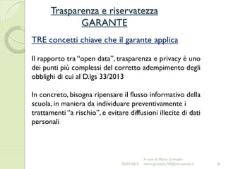 Trasparenza e riservatezza
GARANTE
30
TRE concetti chiave che il garante applica
Il rapporto tra “open data”, trasparenza e privacy è uno
dei punti più complessi del corretto adempimento degli
obblighi di cui al D.lgs 33/2013
In concreto, bisogna ripensare il flusso informativo della
scuola, in maniera da individuare preventivamente i
trattamenti “a rischio”, e evitare diffusioni illecite di dati
personali
02/07/2015
A cura di Mario Grimaldi -
mario.grimaldi.743@istruzione.it
 