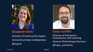 10/28/2020 #3DLM 2
Elizabeth Grim
Director of Community Impact
Connecticut Data Collaborative
@ecgrim
Isaac Castillo
Director of Outcomes,
Assessment, and Learning
Venture Philanthropy Partners
@Isaac_outcomes
 