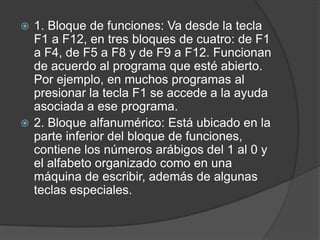  1. Bloque de funciones: Va desde la tecla
  F1 a F12, en tres bloques de cuatro: de F1
  a F4, de F5 a F8 y de F9 a F12. Funcionan
  de acuerdo al programa que esté abierto.
  Por ejemplo, en muchos programas al
  presionar la tecla F1 se accede a la ayuda
  asociada a ese programa.
 2. Bloque alfanumérico: Está ubicado en la
  parte inferior del bloque de funciones,
  contiene los números arábigos del 1 al 0 y
  el alfabeto organizado como en una
  máquina de escribir, además de algunas
  teclas especiales.
 