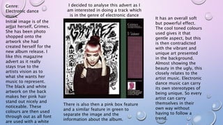 Genre:
Electronic dance
music
Initial image is of the
artist herself, Grimes.
She has been photo
shopped onto the
artwork ...