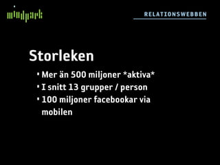 R E LA T IO NSW E BB E N




Storleken
 • Mer än 500 miljoner *aktiva*
 • I snitt 13 grupper / person
 • 100 miljoner facebookar via
   mobilen
 