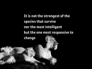 It is not the strongest of the
species that survive
nor the most intelligent
but the one most responsive to
change
 