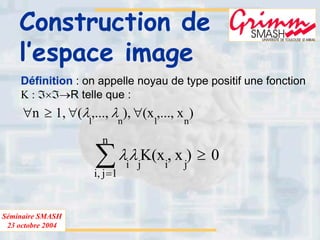 Séminaire SMASH
23 octobre 2004
Construction de
l’espace image
Définition : on appelle noyau de type positif une fonction
K : ℑ×ℑ→R telle que :
)x,...,x(),,...,(,1n
n1n1
∀∀≥∀ λλ
0)x,x(K
n
1j,i
jiji
≥∑=
λλ
 