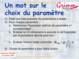 Séminaire SMASH
23 octobre 2004
Un mot sur le
choix du paramètre
1) Fixer une liste possible de paramètres à tester ;
2) Pour chaque paramètre :
a. Déterminer l'hyperplan optimal de paramètre w*
correspondant ;
b. Evaluer la VC-dimension h associé à cet hyperplan
par la procédure décrite plus loin ;
c. Evaluer l'erreur totale commise : (Remp + g( ))
3) Choisir le paramètre à plus faible erreur.
2
*
w
h
 
