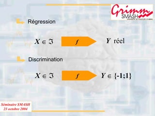 Séminaire SMASH
23 octobre 2004
Discrimination
Y ∈ {-1;1}
Régression
Y réelX ∈ ℑ
X ∈ ℑ
f
f
 