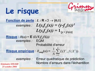 Séminaire SMASH
23 octobre 2004
Le risque
Fonction de perte : L : R ×ℑ → [0;1]
exemples : L(y,fα(x)) = (y-fα(x))²
L(y,fα(x)) = 1{y = fα(x)}
Risque : R(α) = E (L(Y,fα(X)))
exemples : EQM
Probabilité d’erreur
Risque empirique : Remp(α) =
exemples : Erreur quadratique de prédiction
Nombre d’erreurs dans l’échantillon
∑=
N
i
ii
XfYL
N 1
))(,(
1
 