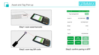 Asset and Tag Pair-up
Step1: scan asset barcode
Step2: scan tag QR code Step3: confirm paring in APP
 