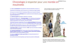 1) Mettre correctement les équipements nécessaires (baudrier, chausson…)
2) Décider qui est grimpeur, qui est assureur sur la corde qui est déjà installée.
3) L’assureur se munit du frein et le grimpeur effectue sont nœud en 8 double.
4) Ils effectuent une co-vérification de leur système de sécurité (baudrier, passage
nœud d’encordement…).
5) L’assureur autorise le grimpeur à démarrer sa montée.
6) Ils peuvent effectuer un « test avant-départ » ( à 1 mètre du sol le grimpeur
annonce sec, une fois pris sec, il se lâche…cela permet de vérifier que tout le
matériel du grimpeur et de l’assureur a bien été installé).
7) Pendant l’ascension du grimpeur, l’assureur assure en 5 temps afin de pouvoir
régler la tension de la corde et surtout, pour ne jamais lâcher le brin sous le frein.
8) Le grimpeur peut annoncer « sec » ou « mou » à son assureur: sec pour tendre
la corde et mou pour laisser de la liberté de mouvement au grimpeur.
9) Une fois en haut, le grimpeur annonce « arrivé » pour que l’assureur se prépare
à faire descendre le grimpeur.
10) L’assureur le prend sec (les 2 mains sous le frein) et fait contrepoids puis
annonce quand il est prêt afin que le grimpeur puisse s’assoir dans le baudrier,
pieds écartés et à plat, buste parallèle à la paroi.
11) L’assureur garde ses 2 mains sous le frein et le descend lentement, en
contrôlant la vitesse.
12) Une fois arrivé en bas le grimpeur puis l’assureur peuvent se déséquiper.
Chronologie à respecter pour une montée en
moulinette
Nous voyons ci-dessous, le grimpeur équipé ainsi que son assureur
pendant une montée où l’assureur effectue la montée en moulinette
en 5 temps… puis s’effectuera tout ce qui vient d’être évoqué dans la
définition.
Cette chronologie sert de repère, de mode d’emploi à suivre
pour que la montée du grimpeur se passe bien.
NORMAND Thomas
 