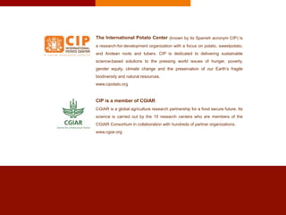 The International Potato Center (known by its Spanish acronym CIP) is
a research-for-development organization with a focus on potato, sweetpotato,
and Andean roots and tubers. CIP is dedicated to delivering sustainable
science-based solutions to the pressing world issues of hunger, poverty,
gender equity, climate change and the preservation of our Earth’s fragile
biodiversity and natural resources.
www.cipotato.org
CIP is a member of CGIAR
CGIAR is a global agriculture research partnership for a food secure future. Its
science is carried out by the 15 research centers who are members of the
CGIAR Consortium in collaboration with hundreds of partner organizations.
www.cgiar.org
 