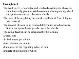 The work-piece is supported and revolved as described above but
simultaneously given an axial movement also regulating wheel
and guides so as to pass between wheels
The axis of the regulating the wheel is inclined at 2 to 10 degree
with vertical
The amount of stock to be removed determines as to how many
time a workpiece has to pass between the wheels
The actual feed(S) can be calculated by the formula
S=πdn. sinα
S=feed in mm per minute.
n=revolutions per minute.
d=diameter of the regulating wheel in mm.
α=angle of inclination of wheel.
Through feed
 