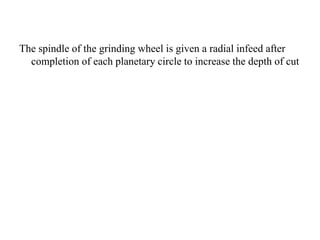 The spindle of the grinding wheel is given a radial infeed after
completion of each planetary circle to increase the depth of cut
 