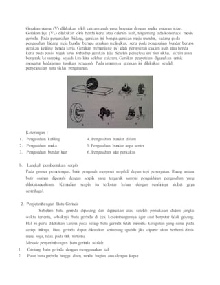 Gerakan utama (V) dilakukan oleh cakram asah yang berputar dengan angka putaran tetap.
Gerakan laju (Vw) dilakukan oleh benda kerja atau cakram asah, tergantung ada konstruksi mesin
gerinda. Pada pengasahan bidang, gerakan ini berupa gerakan maju mundur, sedang pada
pengasahan bidang meja bundar berupa gerakan melingkar, serta pada pengasahan bundar berupa
gerakan keliling benda kerja. Gerakan memanjang (s) ialah pergeseran cakam asah atau benda
kerja pada posisi tegak lurus terhadap gerakan laju. Setelah penyelesaian tiap siklus, akram asah
bergerak ke samping sejauh kira-kira selebar cakram. Gerakan penyetelan digunakan untuk
mengatur kedalaman tusukan pengasah. Pada umumnya gerakan ini dilakukan setelah
penyelesaian satu siklus pengasahan.
Keterangan :
1. Pengasahan keliling 4. Pengasahan bundar dalam
2. Pengasahan muka 5. Pengasahan bundar anpa senter
3. Pengasahan bundar luar 6. Pengasahan alat perkakas
b. Langkah pembentukan serpih
Pada proses pemotongan, butir pengasah menyeret serpihdi depan tepi penyayatan. Ruang antara
butir asahan dipenuhi dengan serpih yang tergaruk sampai pengakhiran pengasahan yang
dilakukancakram. Kemudian serpih itu terlontar keluar dengan sendirinya akibat gaya
sentrifugal.
2. Penyetimbangan Batu Gerinda
Sebelum batu gerinda dipasang dan digunakan atau setelah pemakaian dalam jangka
waktu tertentu, sebaiknya batu gerinda di cek keseimbangannya agar saat berputar tidak goyang.
Hal ini perlu dilakukan karena pada setiap batu gerinda tidak memiliki kerapatan yang sama pada
setiap titiknya. Batu gerinda dapat dikatakan setimbang apabila jika diputar akan berhenti dititik
mana saja, tidak pada titik tertentu.
Metode penyetimbangan batu gerinda adalah:
1. Gantung batu gerinda dengan menggunakan tali
2. Putar batu gerinda hingga diam, tandai bagian atas dengan kapur
 