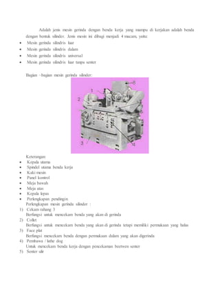 Adalah jenis mesin gerinda dengan benda kerja yang mampu di kerjakan adalah benda
dengan bentuk silinder. Jenis mesin ini dibagi menjadi 4 macam, yaitu:
 Mesin gerinda silindris luar
 Mesin gerinda silindris dalam
 Mesin gerinda silindris universal
 Mesin gerinda silindris luar tanpa senter
Bagian –bagian mesin gerinda silinder:
Keterangan:
 Kepala utama
 Spindel utama benda kerja
 Kaki mesin
 Panel kontrol
 Meja bawah
 Meja atas
 Kepala lepas
 Perlengkapan pendingin
Perlengkapan mesin gerinda silinder :
1) Cekam rahang 3
Berfungsi untuk mencekam benda yang akan di gerinda
2) Collet
Berfungsi untuk mencekam benda yang akan di gerinda tetapi memiliki permukaan yang halus
3) Face plat
Berfungsi mencekam benda dengan permukaan dalam yang akan digerinda
4) Pembawa / lathe dog
Untuk mencekam benda kerja dengan pencekaman beetwen senter
5) Senter ulir
 