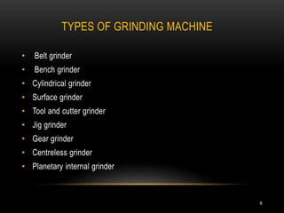 TYPES OF GRINDING MACHINE
8
• Belt grinder
• Bench grinder
• Cylindrical grinder
• Surface grinder
• Tool and cutter grinder
• Jig grinder
• Gear grinder
• Centreless grinder
• Planetary internal grinder
 