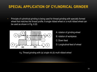 SPECIAL APPLICATION OF CYLINDRICAL GRINDER
23
• Principle of cylindrical grinding is being used for thread grinding with specially formed
wheel that matches the thread profile. A single ribbed wheel or a multi ribbed wheel can
be used as shown in Fig. 6.22.
A: rotation of grinding wheel
B: rotation of workpiece
C: Down feed
D: Longitudinal feed of wheel
Fig. Thread grinding with (a) single rib (b) multi-ribbed wheel
 
