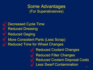 47
Some Advantages
(For Superabrasives)
Decreased Cycle Time
Reduced Dressing
Reduced Gaging
Reduced Time for Wheel Changes
Reduced Coolant Changes
Reduced Filter Changes
Less Swarf Contamination
Reduced Coolant Disposal Costs
More Consistent Parts (Less Scrap)
 