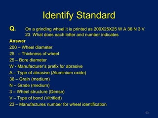 Identify Standard
Q. On a grinding wheel it is printed as 200X25X25 W A 36 N 3 V
23. What does each letter and number indicates
Answer
200 – Wheel diameter
25 – Thickness of wheel
25 – Bore diameter
W - Manufacturer’s prefix for abrasive
A – Type of abrasive (Aluminium oxide)
36 – Grain (medium)
N – Grade (medium)
3 – Wheel structure (Dense)
V – Type of bond (Vitrified)
23 – Manufactures number for wheel identification
63
 