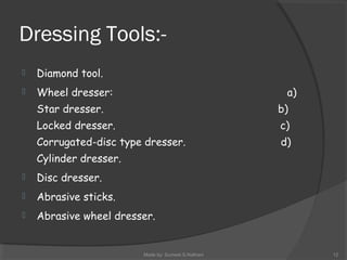 Dressing Tools:-
 Diamond tool.
 Wheel dresser: a)
Star dresser. b)
Locked dresser. c)
Corrugated-disc type dresser. d)
Cylinder dresser.
 Disc dresser.
 Abrasive sticks.
 Abrasive wheel dresser.
Made by: Sumeet.S.Nathani 12
 