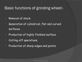 Basic functions of grinding wheel:-
 Removal of stock.
 Generation of cylindrical, flat and curved
surfaces.
 Production of highly finished surface.
 Cutting off operations.
 Production of sharp edges and points.
Made by: Sumeet.S.Nathani 5
 