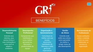6
Entenda seus
talentos, seus
pontos fortes e
suas motivações e
como você se
adapta a
ambientes
Desenvolvimento
Pesssoal
BENEFÍCIOS
Desempenho
Profissional
Compreenda suas
habilidades e
como melhor
aproveitá-las,
liberando a
produtividade da
equipe
Organização e
Gerenciamento
Entenda onde
estão seus ativos,
como aproveitá-
los melhor e
atingir metas de
alto desempenho
Gestão
de Ativos
Comunique-se
melhor com sua
equipe,
desenvolva
habilidades de
liderança e saiba
gerenciar
expectativas
Recrutamento de
Profissionais
Acesse avaliações
online e entenda
como um novo
colaborador se
encaixa na
organização
 
