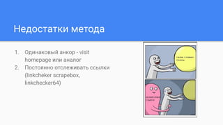 Недостатки метода
1. Одинаковый анкор - visit
homepage или аналог
2. Постоянно отслеживать ссылки
(linkcheker scrapebox,
linkchecker64)
 