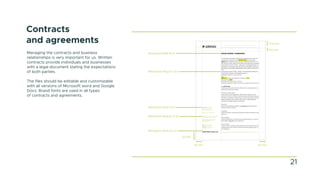Contracts
and agreements
Managing the contracts and business
relationships is very important for us. Written
contracts provide individuals and businesses
with a legal document stating the expectations
of both parties.
The files should be editable and customizable
with all versions of Microsoft word and Google
Docs. Brand fonts are used in all types
of contracts and agreements.
20 mm
13,5 mm
9,6 mm
20 mm
22 mm
Metropolis Bold 14 pt
Metropolis Regular 12 pt
Metropolis Bold 9,5 pt
Metropolis Bold 9 pt
Metropolis Regular 9 pt
§
21
 