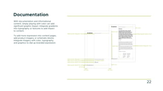 11 mm
Metropolis Regular 9 pt
Metropolis Bold 14 pt
Documentation
With documentation and informational
content, simply playing with color can add
significant graphic impact. Integrate gradients
into typography or textures to add impact
to content.
To add more expression into content pages,
add product imagery or schematic blocks.
Integrate imagery with color, typography,
and graphics to dial up branded expression.
20 mm
13,5 mm
203 mm
10 mm
20 mm
22 mm
Metropolis Bold 9,5 pt
Metropolis Regular 12 pt
Metropolis Bold 16 pt
Metropolis Bold 13 pt
Metropolis Regular 9 pt
22
 