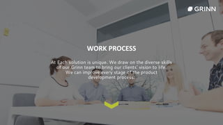 WORK PROCESS
At Each solution is unique. We draw on the diverse skills
of our Grinn team to bring our clients’ vision to life.
We can improve every stage of the product
development process:
 