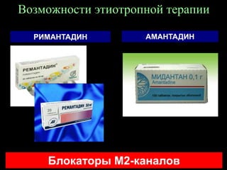 Возможности этиотропной терапии
РИМАНТАДИН АМАНТАДИН
Блокаторы М2-каналов
 