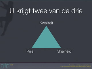U krijgt twee van de drie
             Kwaliteit




     Prijs               Snelheid
 