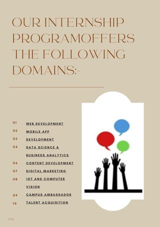 0 1
0 2
0 3
0 4
0 6
0 7
0 8
0 9
1 0
W E B D E V E L O P M E N T
M O B I L E A P P
D E V E L O P M E N T
D A T A S C I E N C E &
B U S I N E S S A N A L Y T I C S
C O N T E N T D E V E L O P M E N T
D I G I T A L M A R K E T I N G
I O T A N D C O M P U T E R
V I S I O N
C A M P U S A M B A S S A D O R
T A L E N T A C Q U I S I T I O N
OUR INTERNSHIP
PROGRAMOFFERS
THE FOLLOWING
DOMAINS:-
PN
 